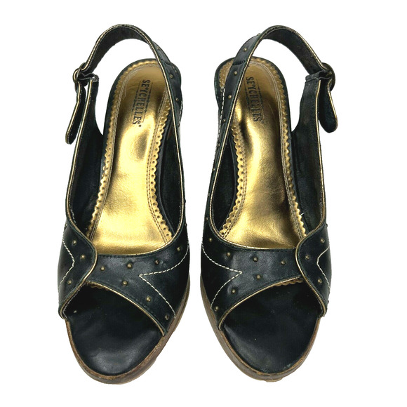 Seychelles Size 7 Singback Open Toe Black Leather Wood Block Heel Studded - Picture 1 of 11